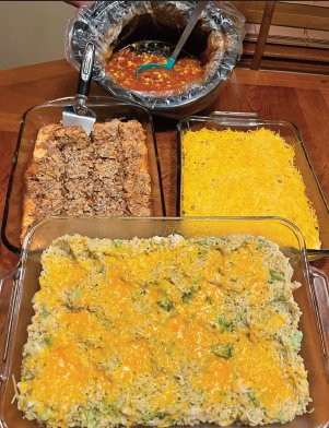 Pictured are, clockwise from: Taco Soup, Sausage and Egg make ahead breakfast casserole, Chicken Broccoli Rice casserole, and Caramel Pecan Bars.